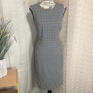 Calvin Klein Black and White Houndstooth Midi Sheath Dress